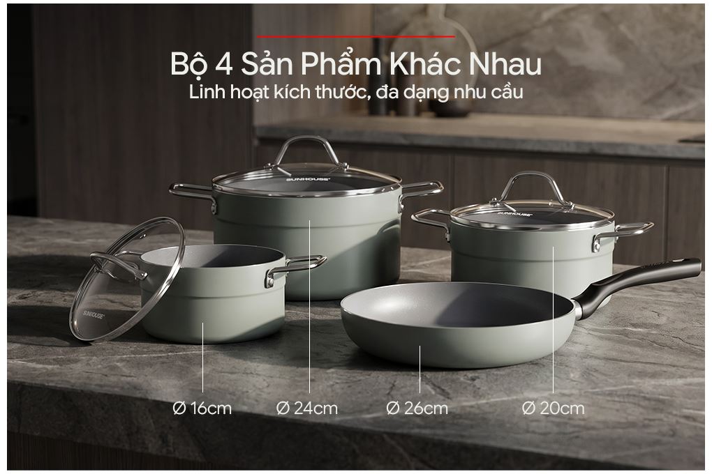 Bộ 4 nồi chảo nhôm chống dính nắp kính Sunhouse Eco SHG7979X4 Màu Xanh