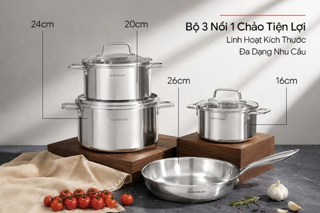 Bộ 4 nồi chảo inox 3 lớp nắp kính Sunhouse Healthy SHG806 Màu Inox