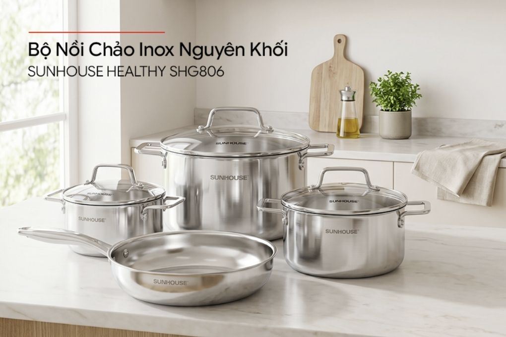 Bộ 4 nồi chảo inox 3 lớp nắp kính Sunhouse Healthy SHG806 Màu Inox