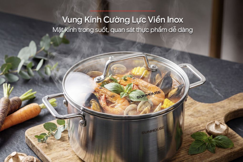 Bộ 4 nồi chảo inox 3 lớp nắp kính Sunhouse Healthy SHG806 Màu Inox