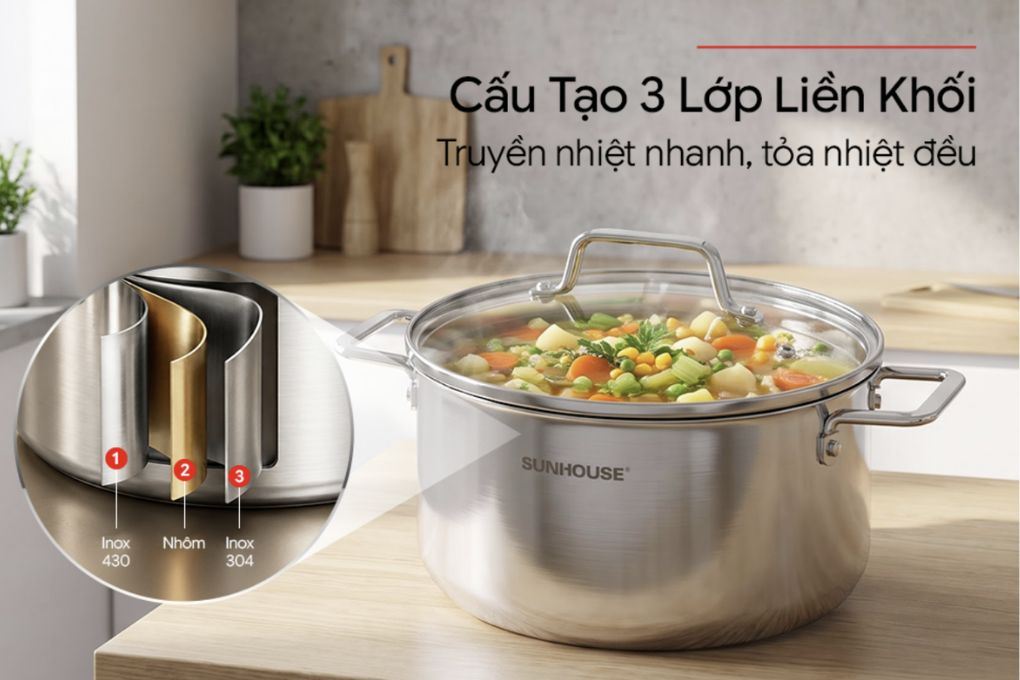 Bộ 4 nồi chảo inox 3 lớp nắp kính Sunhouse Healthy SHG806 Màu Inox