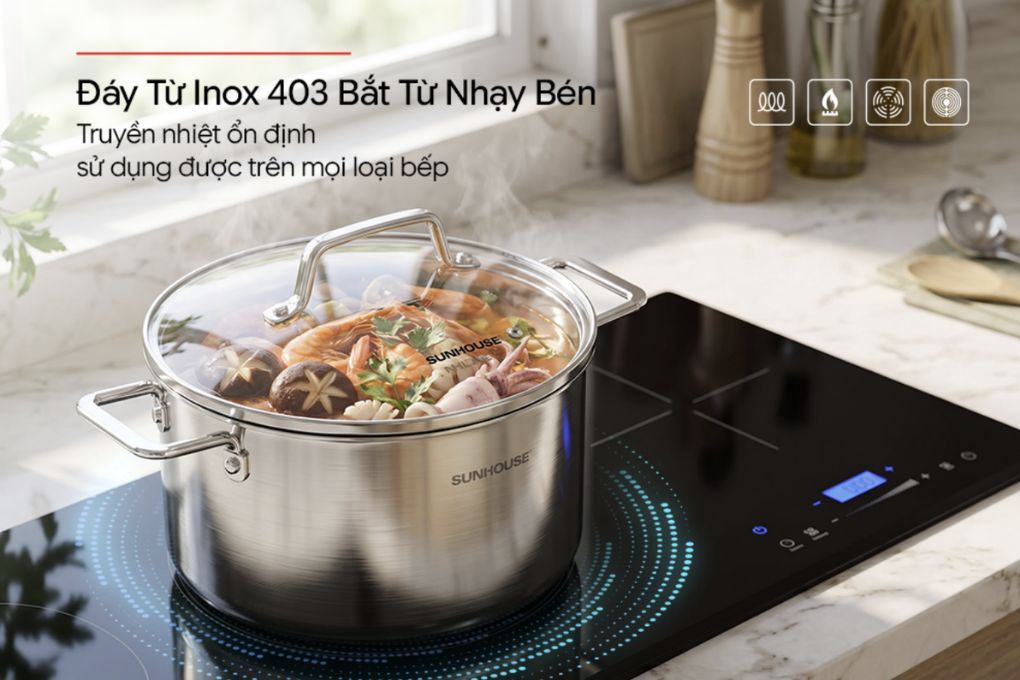 Bộ 4 nồi chảo inox 3 lớp nắp kính Sunhouse Healthy SHG806 Màu Inox