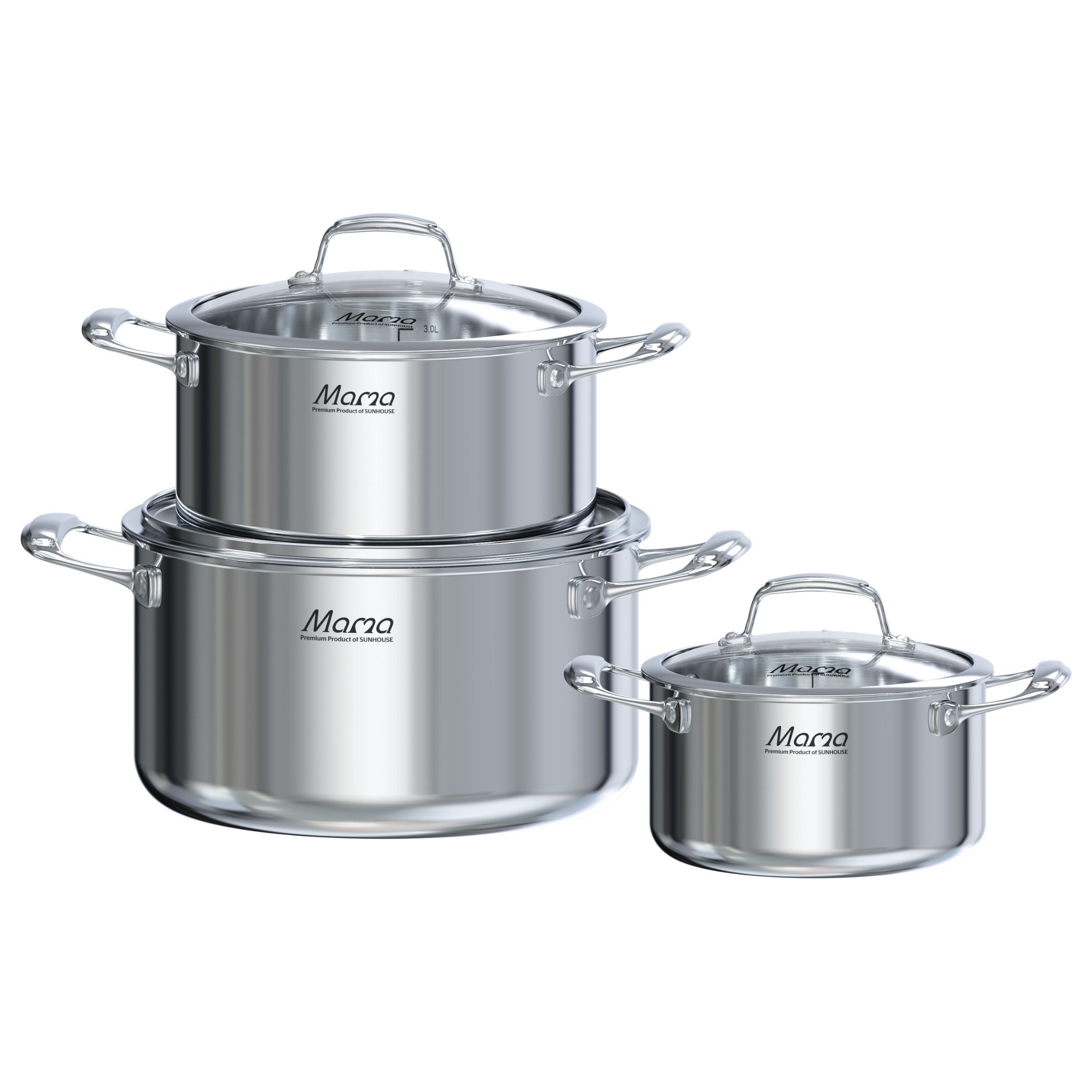 Bộ 3 nồi inox liền đáy nắp kính Sunhouse Mama SHG825 Màu Inox