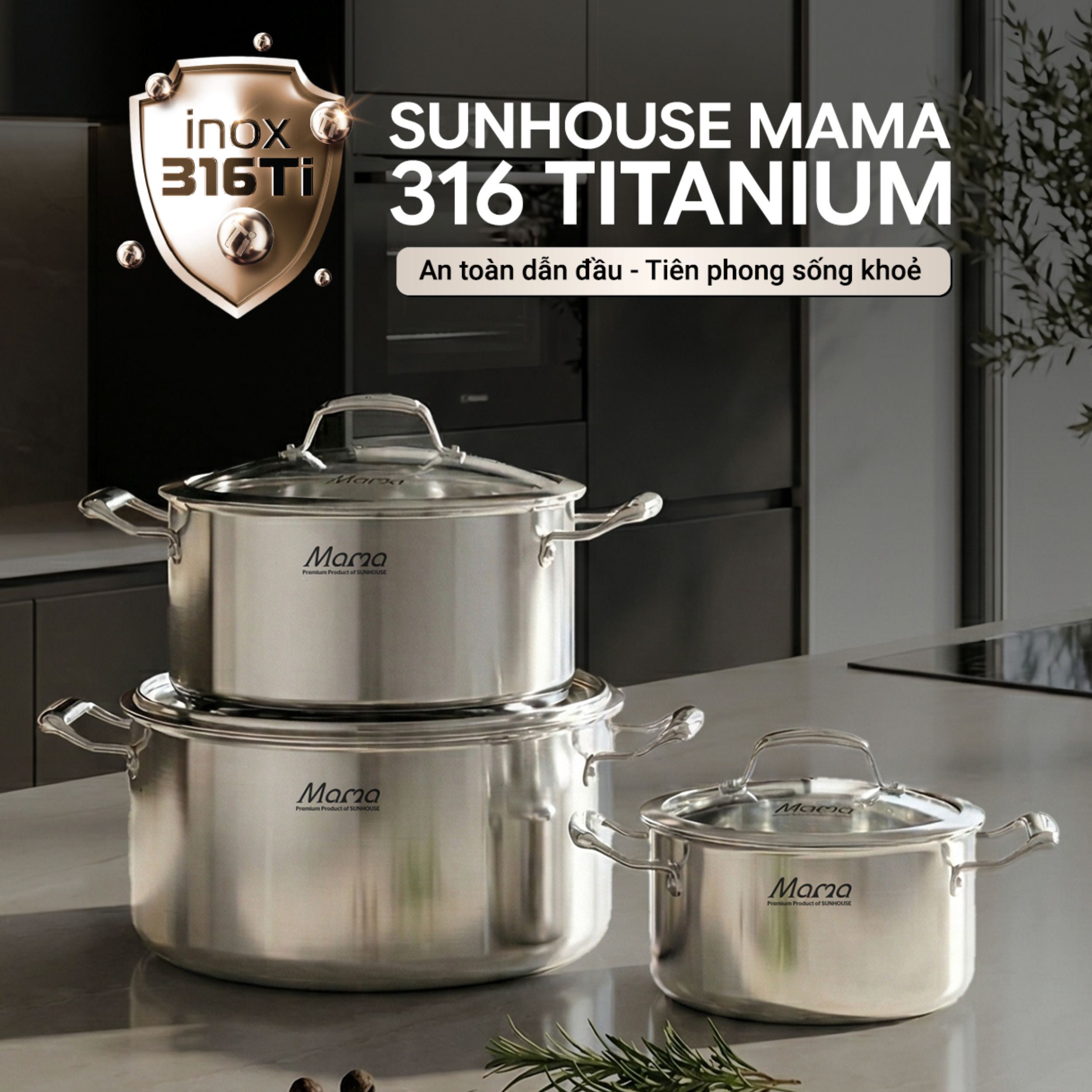 Bộ 3 nồi inox liền đáy nắp kính Sunhouse Mama SHG825 Màu Inox