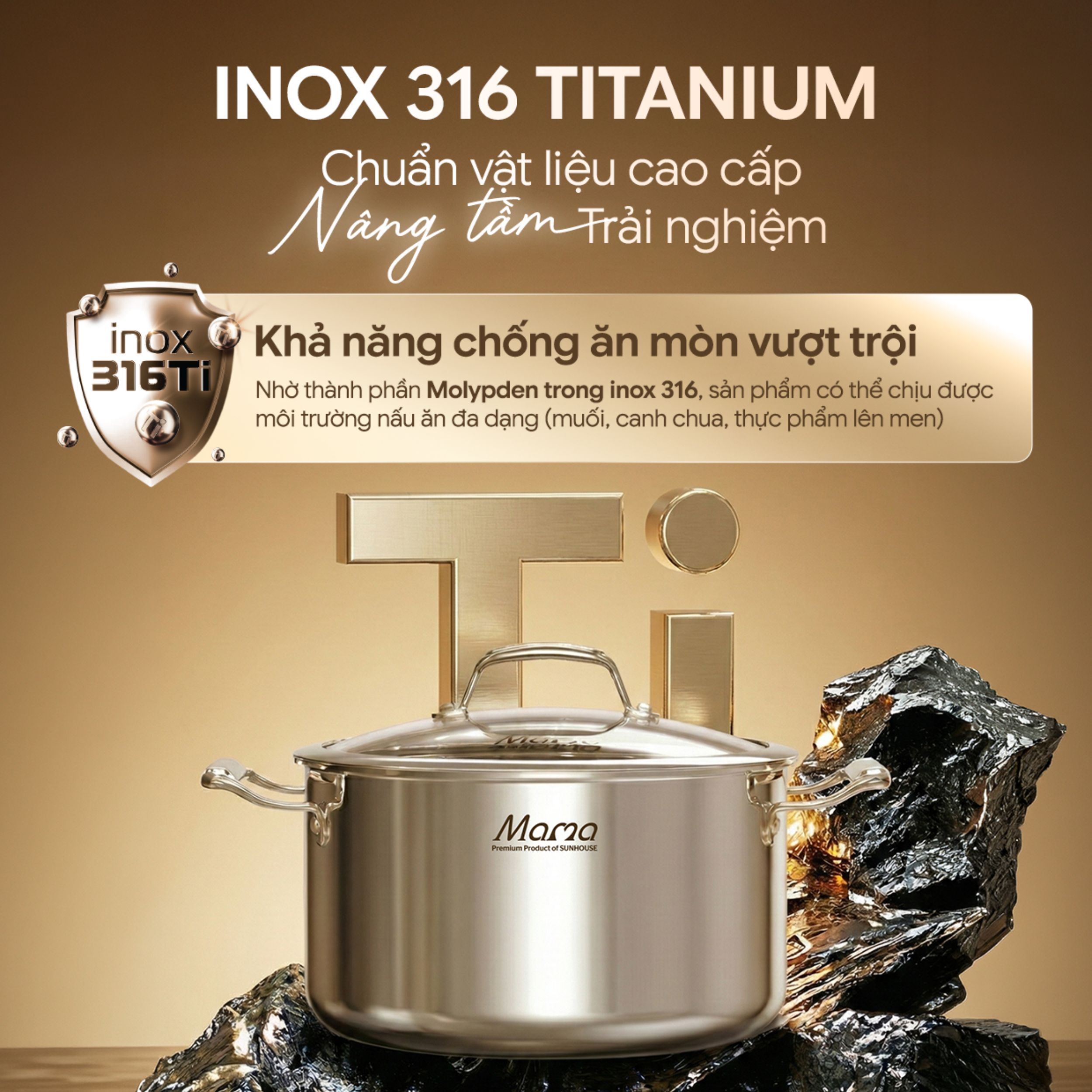 Bộ 3 nồi inox liền đáy nắp kính Sunhouse Mama SHG825 Màu Inox