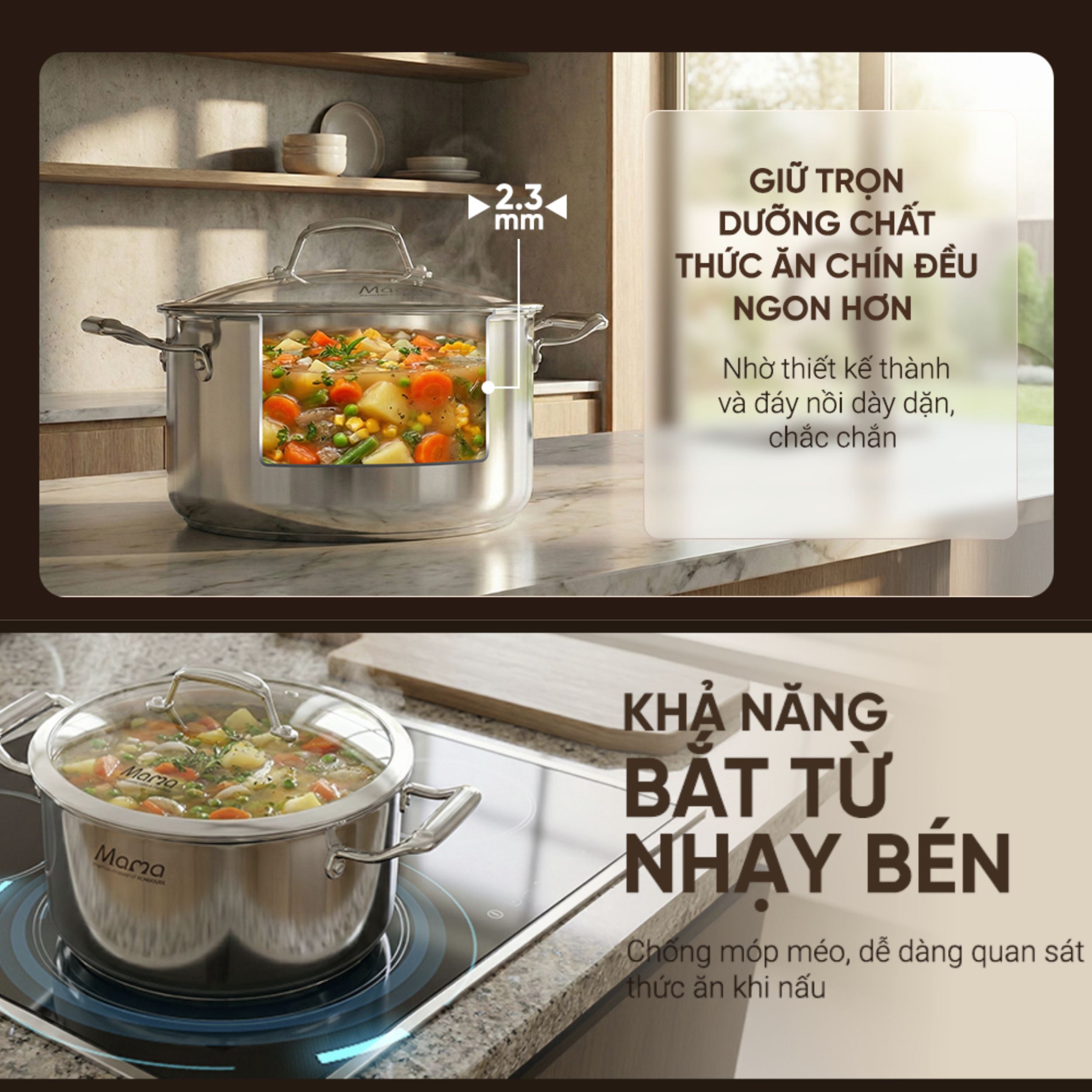 Bộ 3 nồi inox liền đáy nắp kính Sunhouse Mama SHG825 Màu Inox