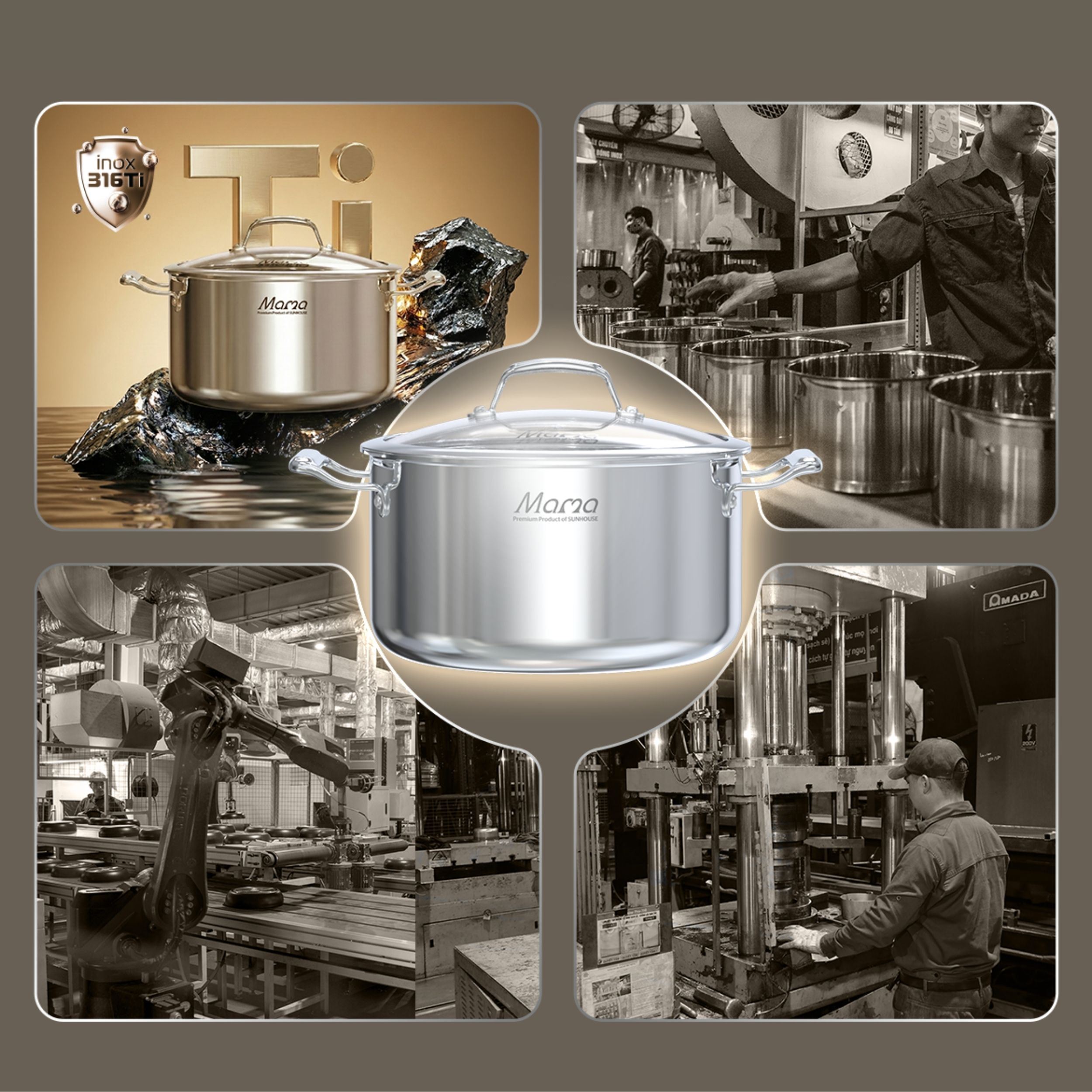 Bộ 3 nồi inox liền đáy nắp kính Sunhouse Mama SHG825 Màu Inox