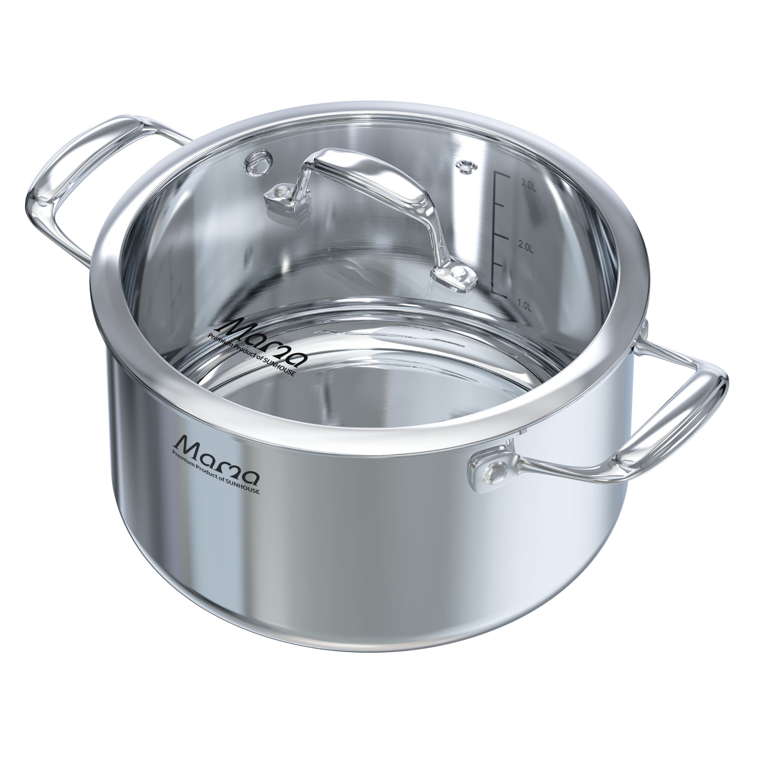 Bộ 3 nồi inox liền đáy nắp kính Sunhouse Mama SHG825 Màu Inox