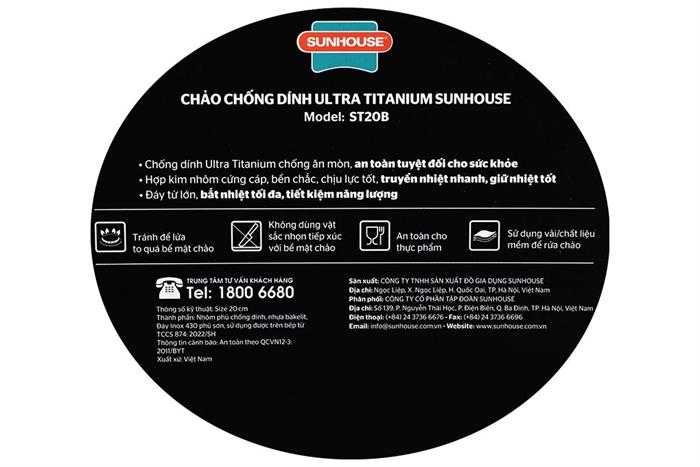 Chảo nhôm chống dính Ultra titanium đáy từ 20 cm Sunhouse ST20B Màu Đen