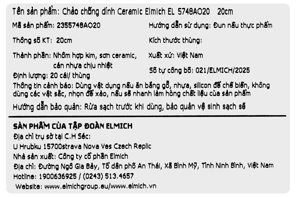 Chảo nhôm chống dính vân đá đáy từ 20 cm Elmich EL- 5748AO20 Màu Đen