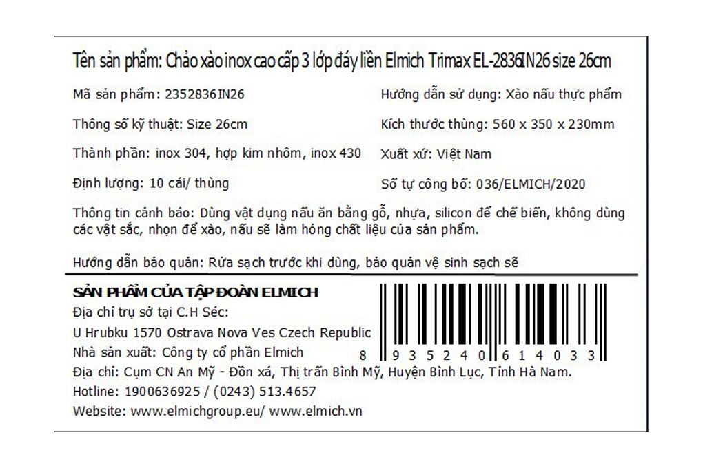 Chảo inox nguyên khối sâu đáy từ 26 cm Elmich Trimax EL-2836IN26 Màu Inox