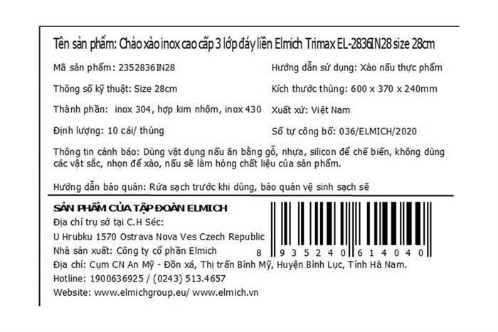 Chảo inox nguyên khối sâu đáy từ 28 cm Elmich Trimax EL-2836IN28 Màu Inox