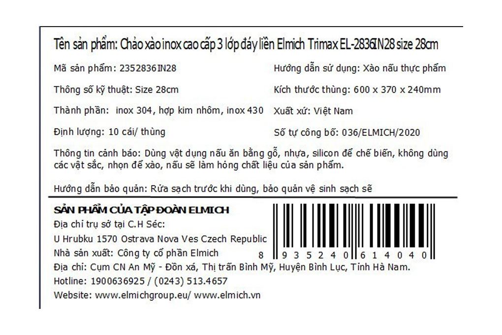 Chảo inox nguyên khối sâu đáy từ 28 cm Elmich Trimax EL-2836IN28 Màu Inox