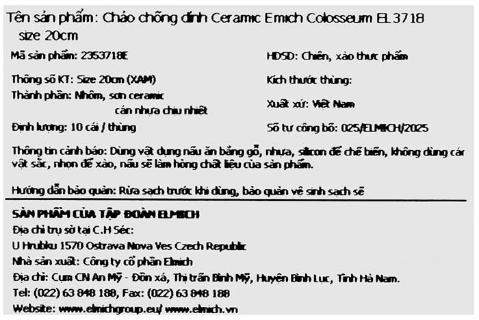 Chảo nhôm chống dính đáy từ 20 cm Elmich Colosseum Y1 EL-3718 Xám Màu Xám