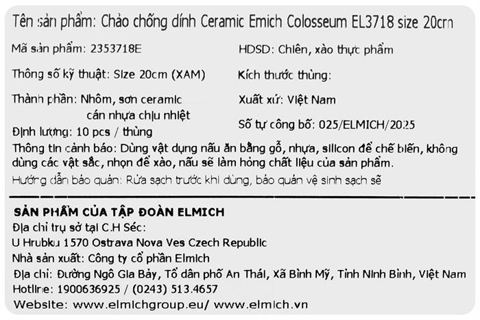 Chảo nhôm chống dính đáy từ 20 cm Elmich Colosseum Y1 EL-3718 Xám Màu Xám