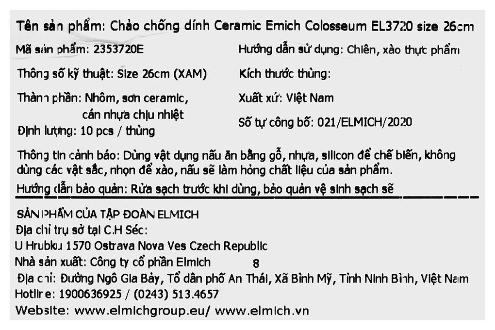 Chảo nhôm chống dính vân đá đáy từ 26 cm Elmich Colosseum Y1 EL-3720 Xám Màu Xám