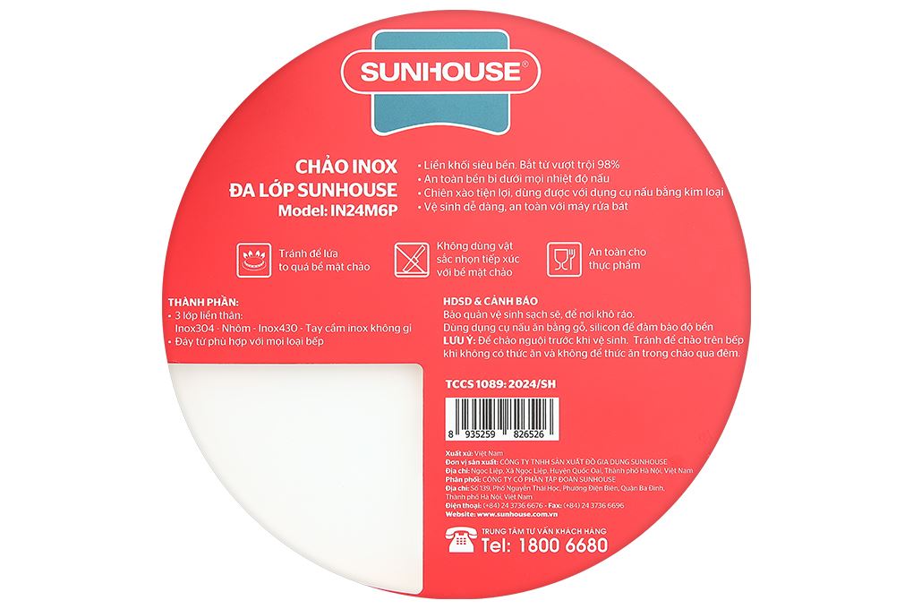 Chảo inox 3 lớp nguyên khối đáy từ 24 cm Sunhouse IN24M6P Màu Hồng