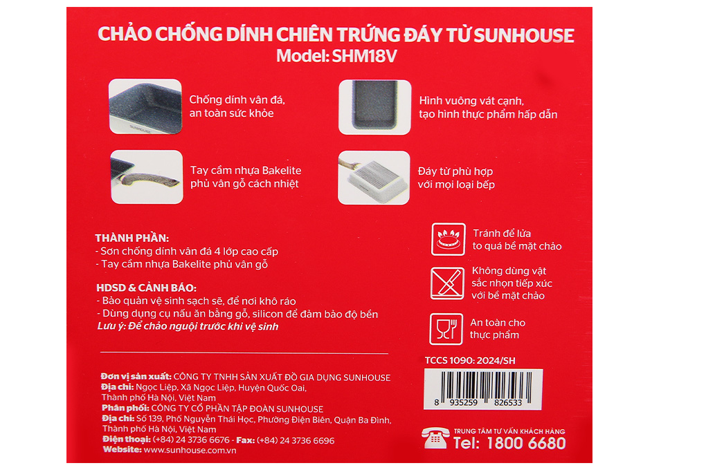 Chảo nhôm chống dính vân đá đáy từ 18 cm Sunhouse SHM18V Màu Trắng