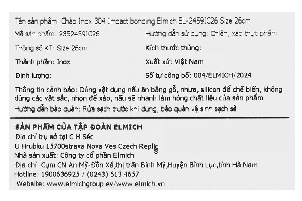 Chảo inox sâu chống dính đáy từ 26 cm Elmich EL-2459IC26 Impact bonding Màu Inox