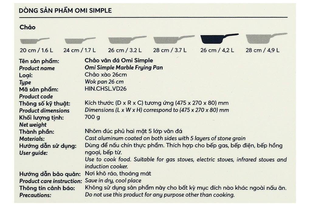 Chảo nhôm sâu chống dính vân đá đáy từ 26 cm Inochi Omi Simple HIN.CHSL.VD26 Màu Cam