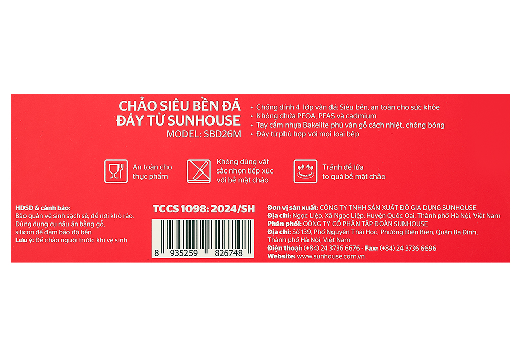 Chảo nhôm chống dính vân đá đáy từ 26 cm Sunhouse SBDS26M Màu Nâu