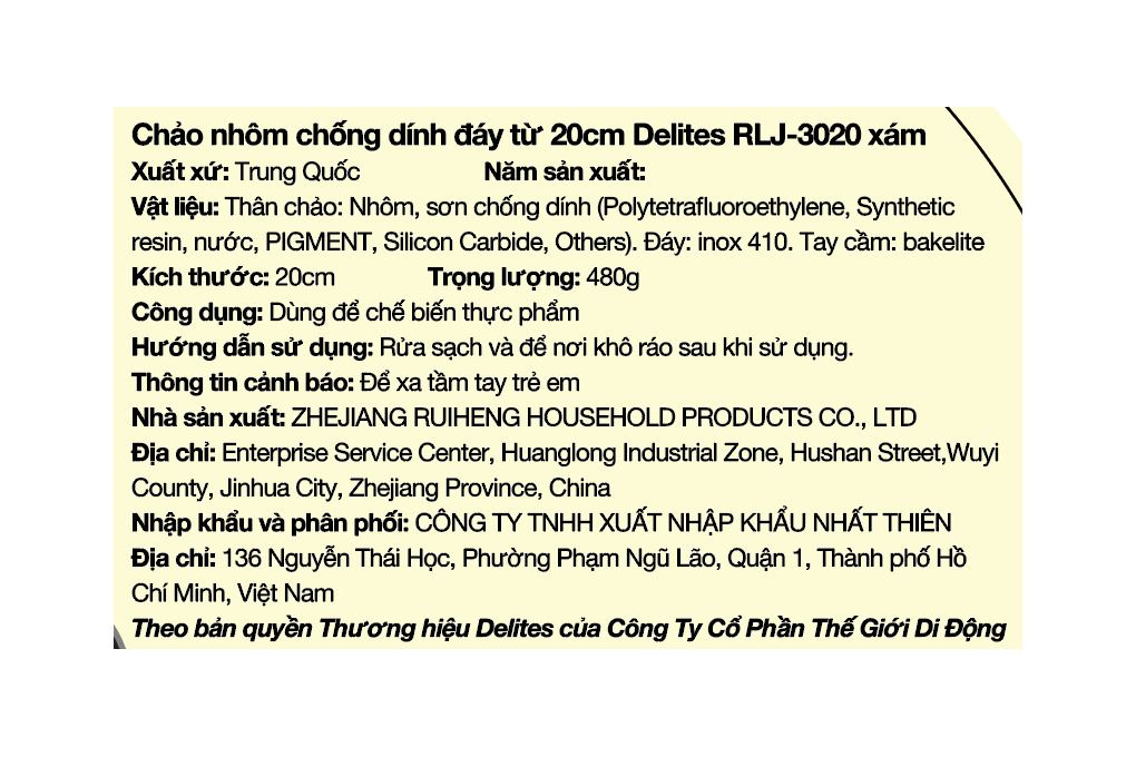 Chảo nhôm chống dính vân đá đáy từ 20 cm Delites RLJ-3020 Màu Xám