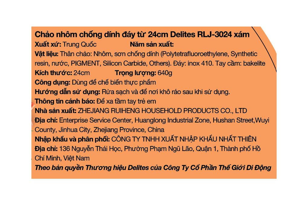 Chảo nhôm chống dính vân đá đáy từ 24 cm Delites RLJ-3024 Màu Xám