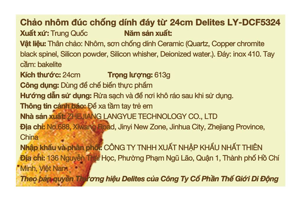 Chảo nhôm chống dính vân đá đáy từ 24 cm Delites LY-DCF5324 Màu Vàng