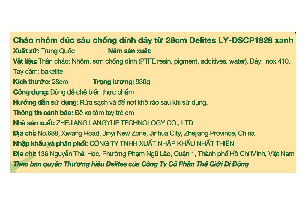 Chảo nhôm sâu chống dính vân đá đáy từ 28 cm Delites LY-DSCP1828 Màu Xanh