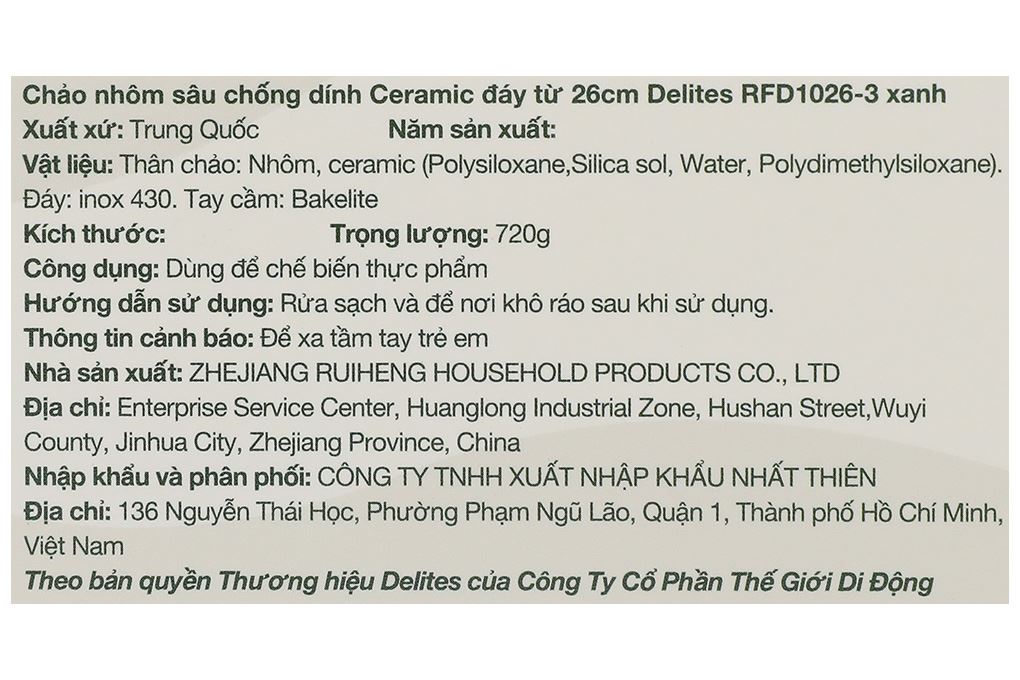 Chảo nhôm sâu chống dính đáy từ 26 cm Delites RFD1026-3 Màu Xanh