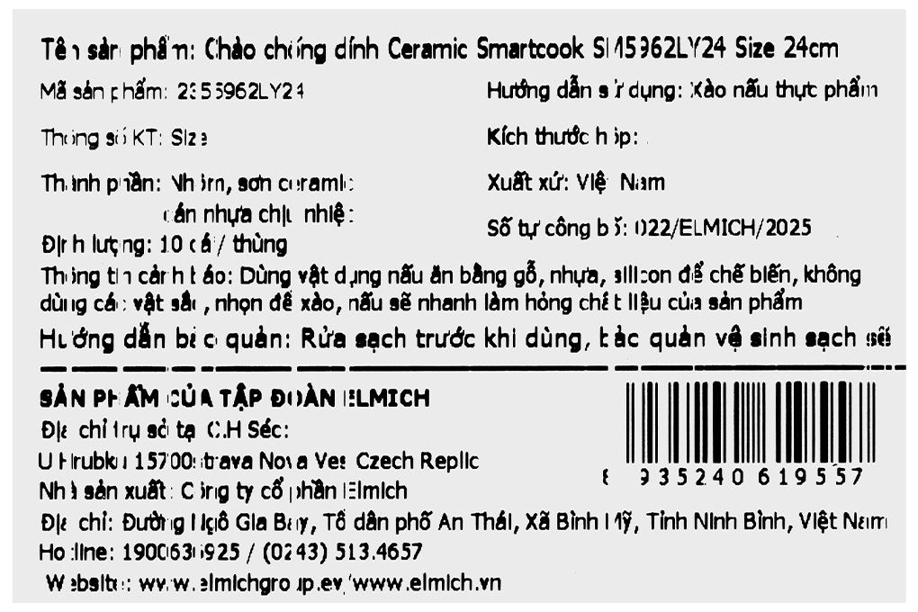 Chảo nhôm chống dính đáy từ 24 cm Elmich Smartcook SM5962LY24 Màu vàng