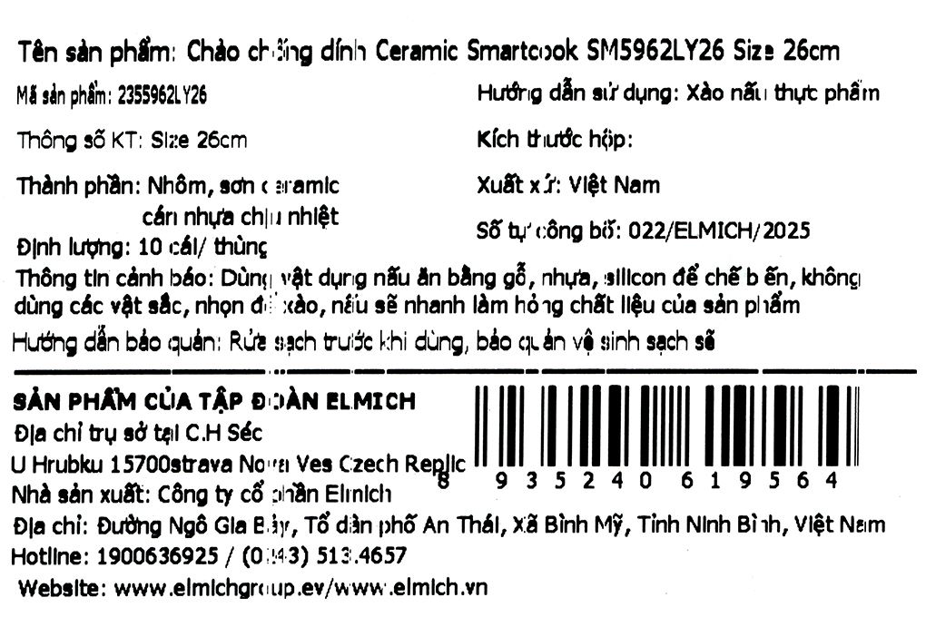 Chảo nhôm chống dính đáy từ 26 cm Elmich Smartcook SM5962LY26 Màu vàng