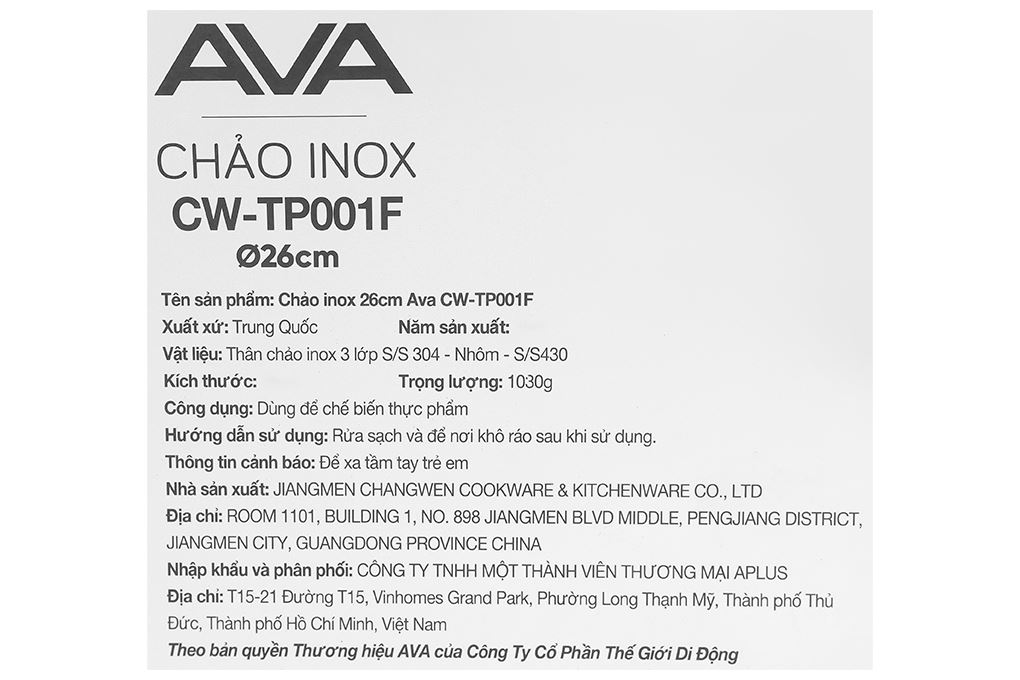 Chảo inox đáy từ 26 cm AVA CW-TP001F Màu Inox