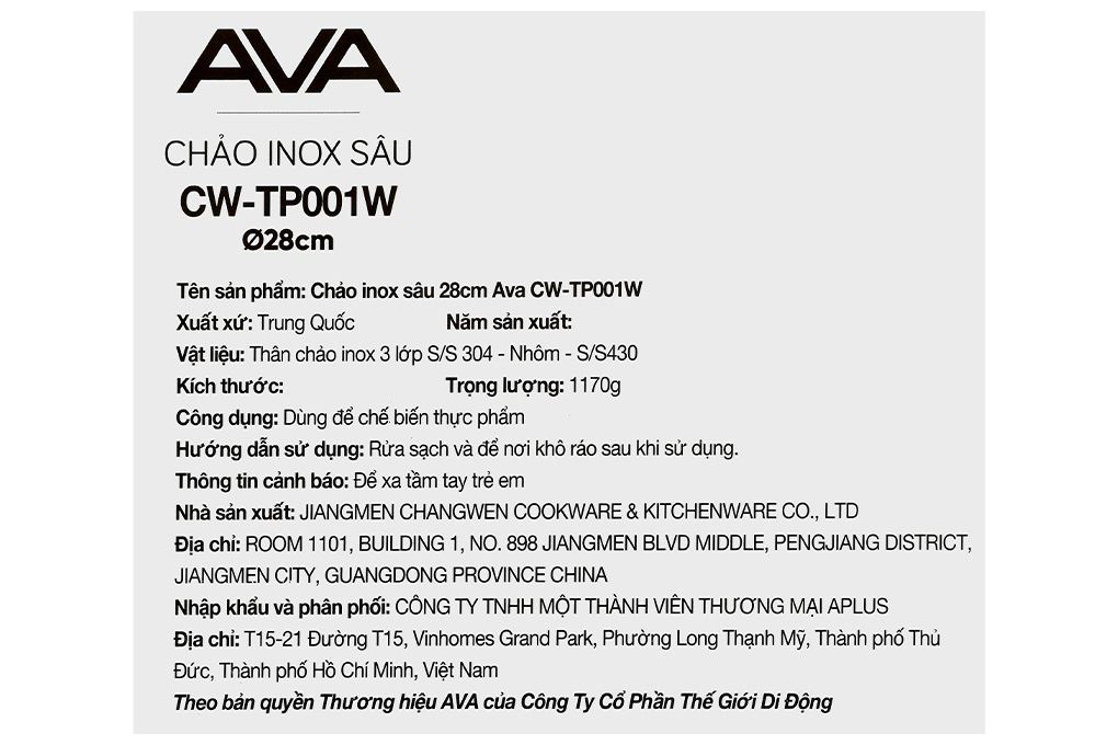 Chảo inox sâu đáy từ 28 cm AVA CW-TP001W Màu Inox