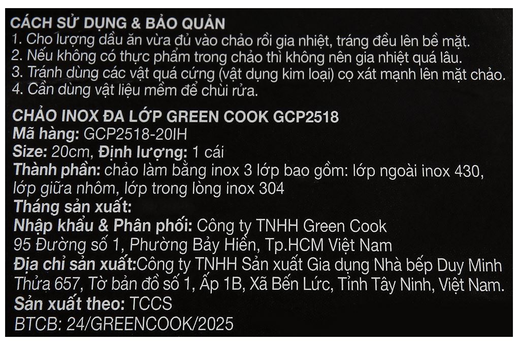 Chảo inox nguyên khối sâu đáy từ 20 cm Green Cook GCP2518-20IH Màu Inox