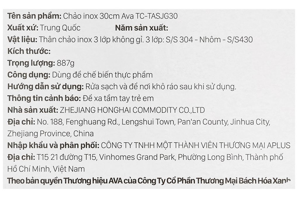Chảo inox nguyên khối chống dính đáy từ 30 cm AVA TC-TASJG30 Màu Inox