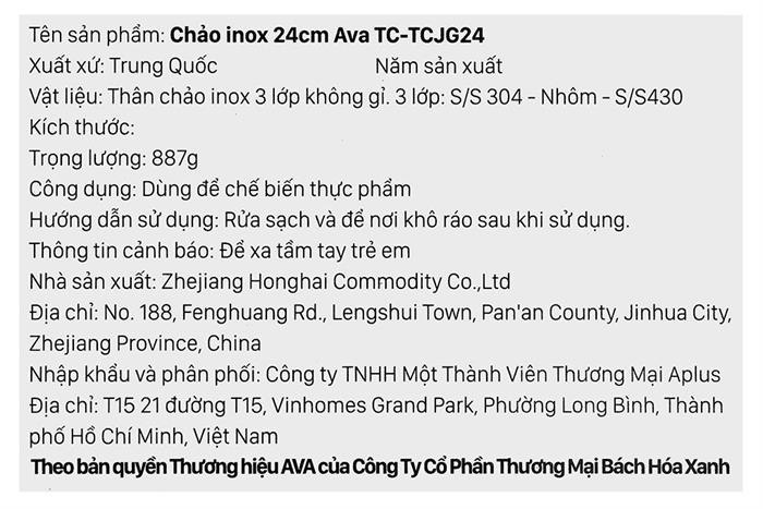 Chảo inox nguyên khối chống dính 24 cm AVA TC-TCJG24 Màu Inox