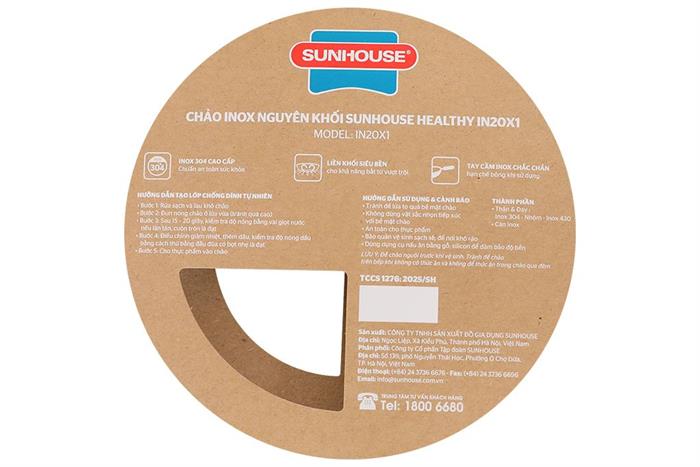 Chảo inox nguyên khối đáy từ 20 cm Sunhouse Healthy IN20X1 Màu Inox