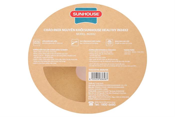 Chảo inox nguyên khối đáy từ 24cm Sunhouse Healthy IN24X2 Màu Inox
