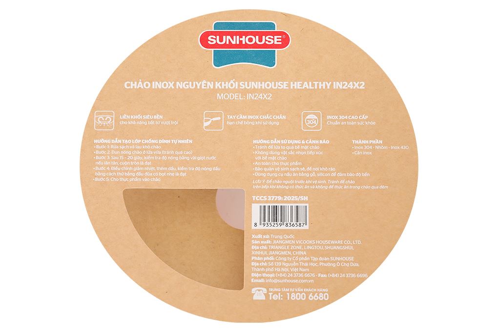 Chảo inox nguyên khối đáy từ 24cm Sunhouse Healthy IN24X2 Màu Inox