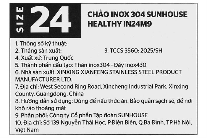 Chảo inox sâu đáy từ 24 cm Sunhouse Healthy IN24M9 Màu Bạc