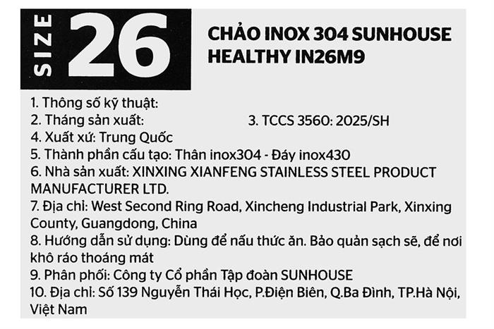 Chảo inox sâu đáy từ 26 cm Sunhouse Healthy IN26M9 Màu Bạc