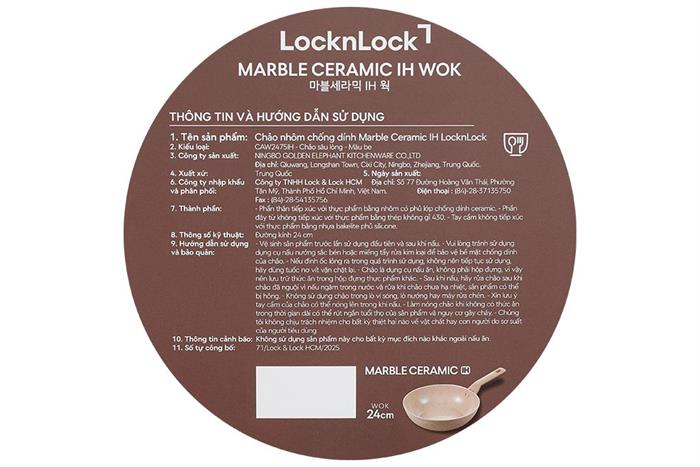 Chảo nhôm sâu chống dính đáy từ 24 cm Lock&Lock CAW2475IH Màu Màu be