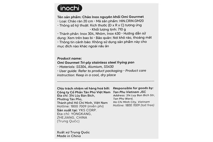 Chảo inox nguyên khối đáy từ 20 cm Inochi Omi Gourmet HIN.CRIN.GM20 Màu Bạc