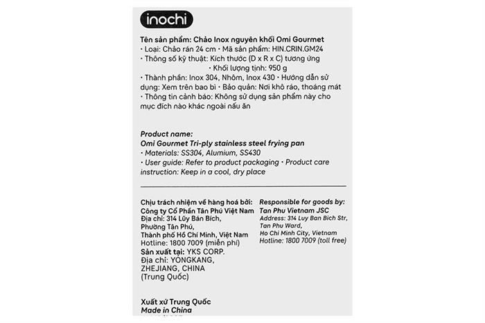Chảo inox nguyên khối đáy từ 24 cm Inochi Omi Gourmet HIN.CRIN.GM24 Màu Bạc