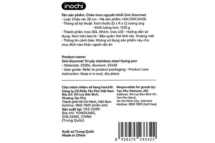 Chảo inox nguyên khối đáy từ 28 cm Inochi Omi Gourmet HIN.CRIN.GM28 Màu Bạc