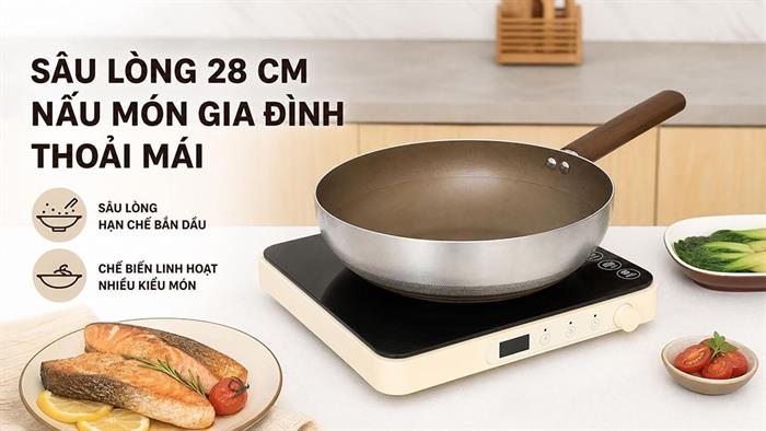 Chảo inox nguyên khối sâu chống dính đáy từ 28 cm Delites TC-TCCG28 Màu Nâu