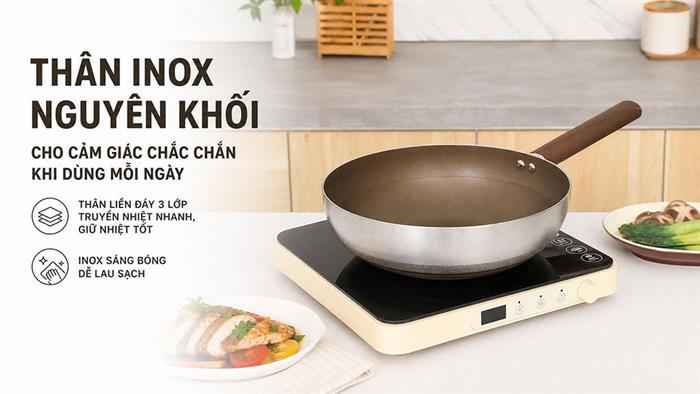 Chảo inox nguyên khối sâu chống dính đáy từ 28 cm Delites TC-TCCG28 Màu Nâu