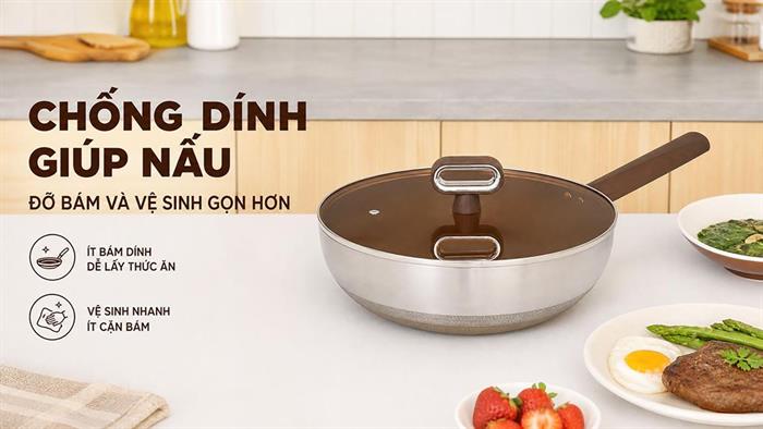 Chảo inox nguyên khối sâu chống dính đáy từ 28 cm Delites TC-TCCG28 Màu Nâu