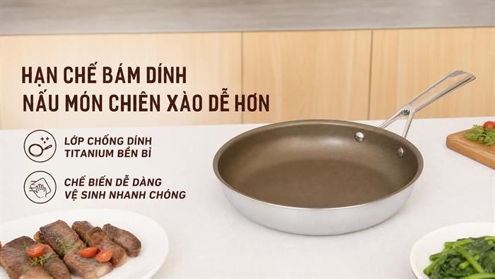 Chảo inox nguyên khối chống dính đáy từ 26 cm Delites TC-TFJG26 Màu Nâu